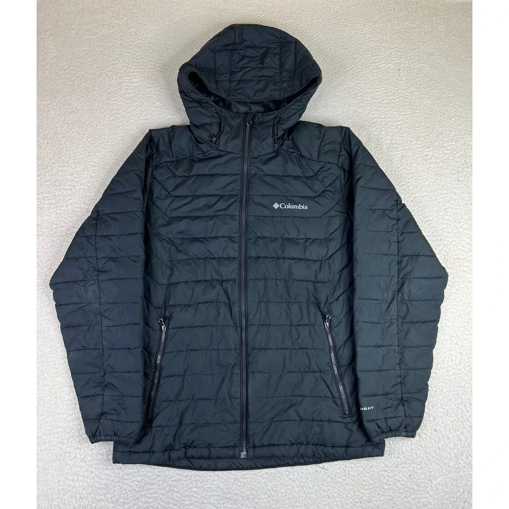 Columbia Jacket Mens Medium Black Omni-Heat White Out II Hooded Puffer Full Zip